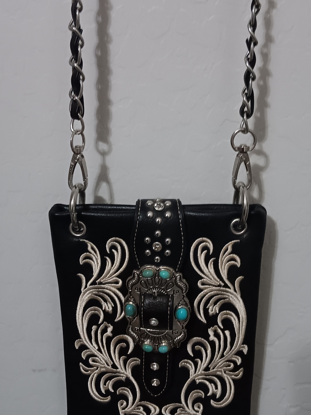 Black Crossbody Bag with Cream Embroidery and Turquoise Accents - Picture 2 of 5